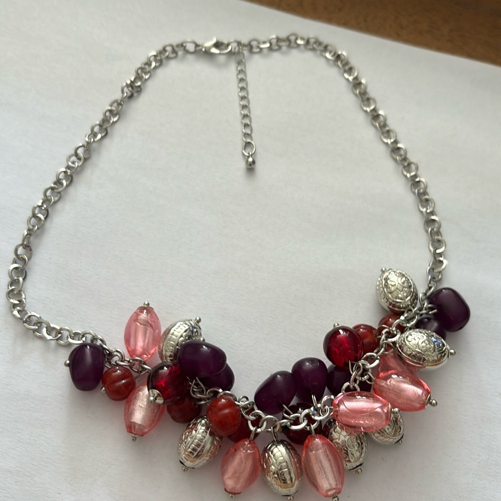 Unique purple & pink glass dangle fashion statement 18” necklace